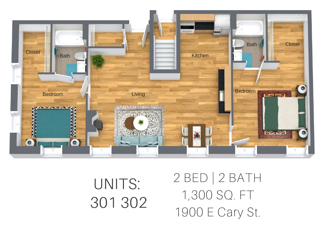 Floor plan for 2 beds, 2 baths, 1300 sqft